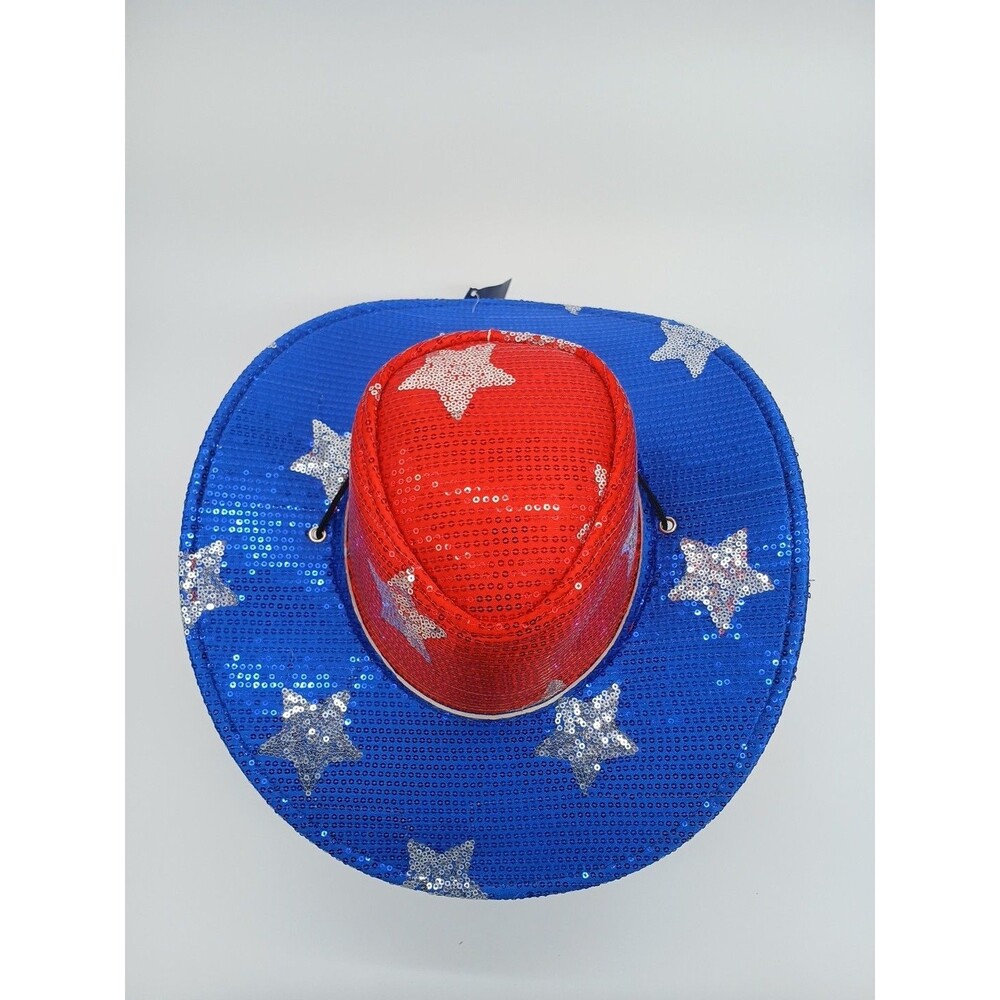 Sequin Patriotic Cowboy Hat Red White Blue Stars USA Rodeo Festival Western - Picture 3 of 5